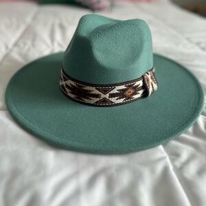 Elegant Teal Wide Brimmed hat with Patterned Band